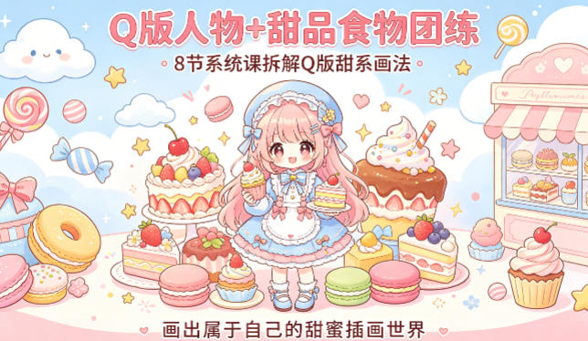 Q版人物+甜品食物团练，8节系统课拆解Q版甜系画法，画出属于自己的甜蜜插画世界-轻创终点站