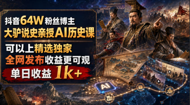 抖音64W粉丝博主大驴说史亲授AI历史课，可以上精选独家，全网发布收益更可观，单日收益1k+-轻创终点站