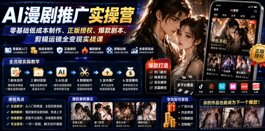 AI漫剧推广实操营｜零基础低成本制作、正版授权、爆款剧本、剪辑运镜全变现实战课-轻创终点站