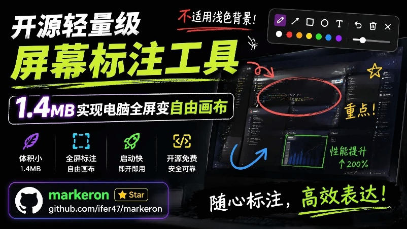 开源轻量级屏幕标注工具，1.4MB实现电脑全屏变自由画布！支持8种标注工具和全键盘操控MarkerOn-轻创终点站
