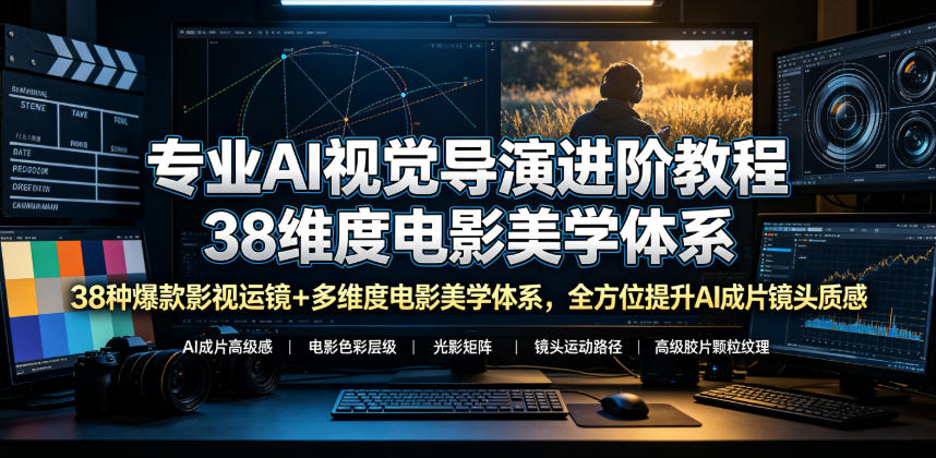 专业AI视觉导演进阶教程,38种爆款影视运镜+多维度电影美学体系,全方位提升AI成片高级感与镜头质感-轻创终点站