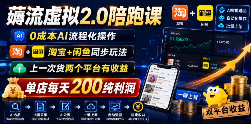 薅流虚拟2.0陪跑课，0成本AI流程化操作，淘宝+闲鱼同步玩法，上一次货两个平台有收益，单店每天200纯利润-轻创终点站