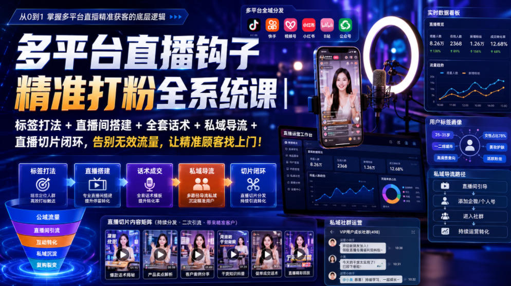 多平台直播钩子精准打粉全系统课｜标签打法+直播间搭建+全套话术+私域导流+直播切片闭环，告别无效流量，让精准顾客找上门！-轻创终点站