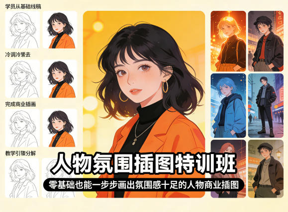人物氛围插图特训班，零基础也能一步步画出氛围感十足的人物商业插图-轻创终点站