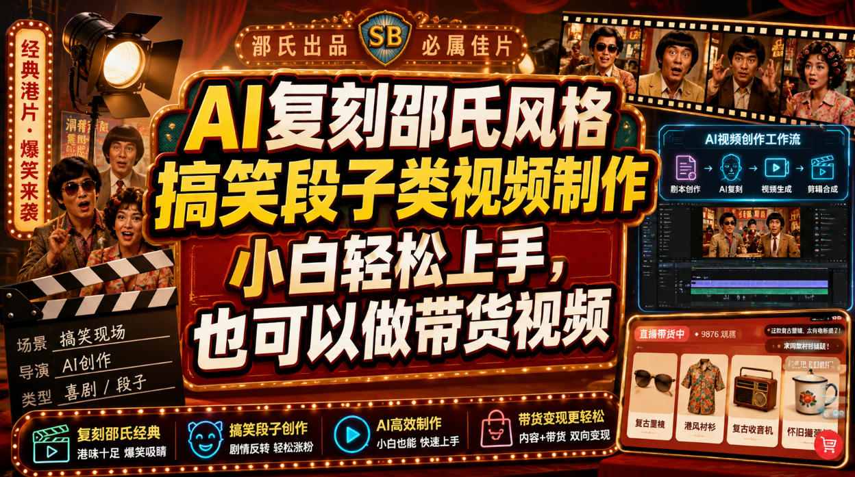 AI复刻邵氏风格搞笑段子类视频制作,小白轻松上手,也可以做带货视频-轻创终点站