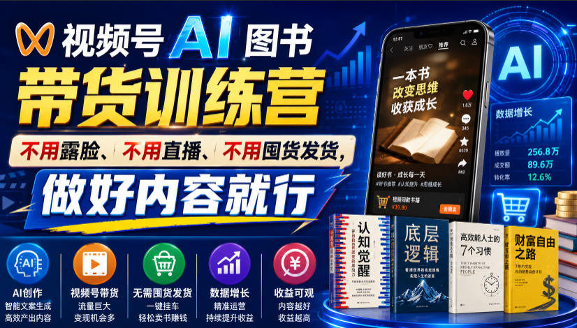 视频号AI图书带货训练营，不用露脸、不用直播、不用囤货发货，做好内容就行，一条爆款视频佣金8942-轻创终点站