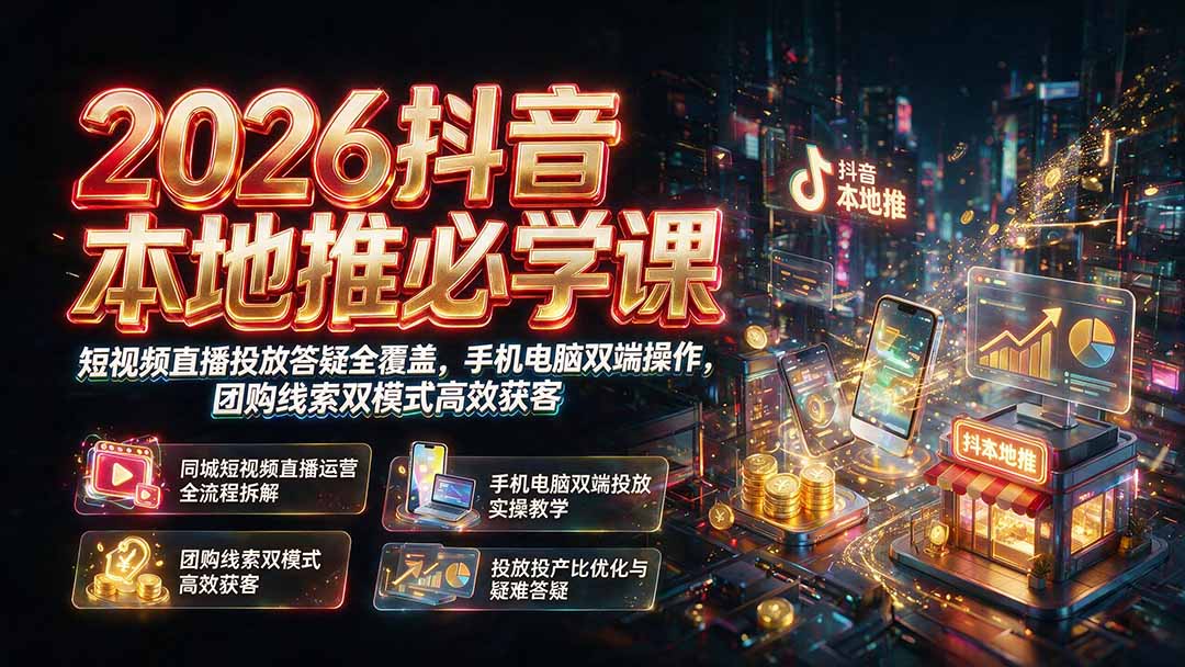 2026抖音本地推必学课｜短视频直播投放答疑全覆盖，手机电脑双端操作，团购线索双模式高效获客-轻创终点站