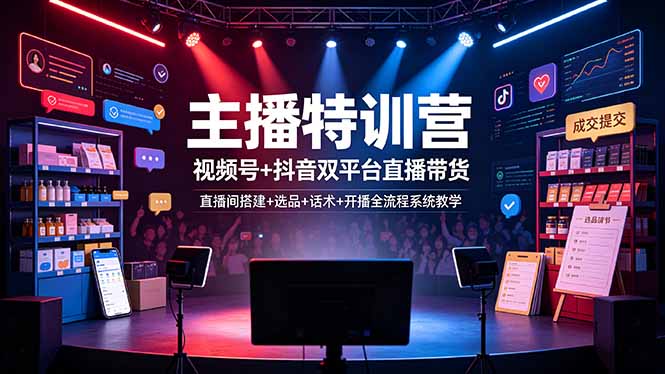 主播特训营：视频号+抖音双平台直播带货，直播间搭建+选品+话术+开播全流程系统教学-轻创终点站