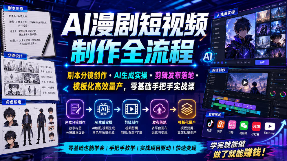 AI漫剧短视频制作全流程｜剧本分镜创作・AI生成实操・剪辑发布落地・模板化高效量产，零基础手把手实战课-轻创终点站