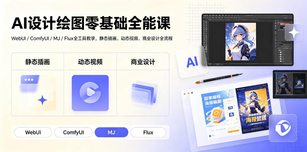 AI设计绘图零基础全能课｜WebUI/ComfyUI/MJ/Flux全工具教学，静态插画、动态视频、商业设计全流程-轻创终点站