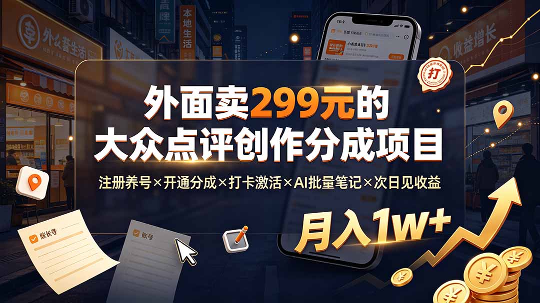 外面卖299元的大众点评创作分成项目:注册养号×开通分成×打卡激活×AI批量笔记×次日见收益,月入1w+-轻创终点站