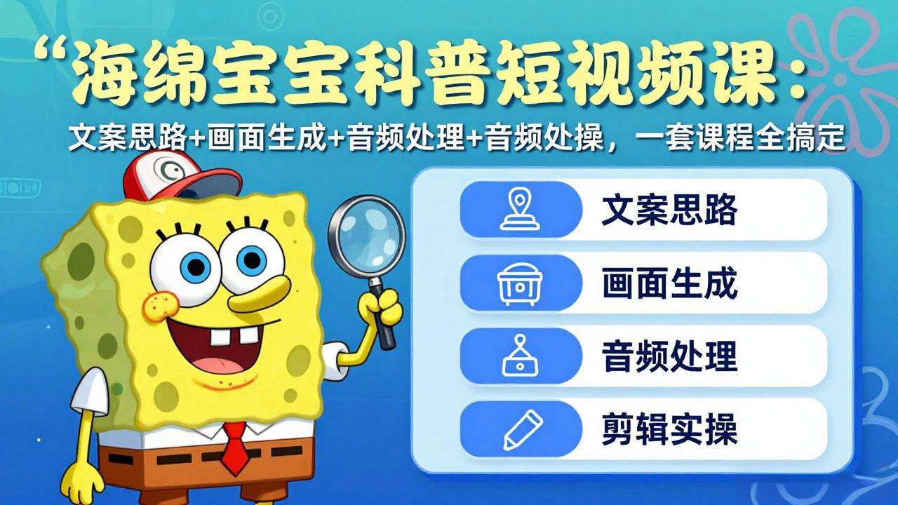 海绵宝宝科普短视频课：文案思路+画面生成+音频处理+剪辑实操，一套课程全搞定-轻创终点站