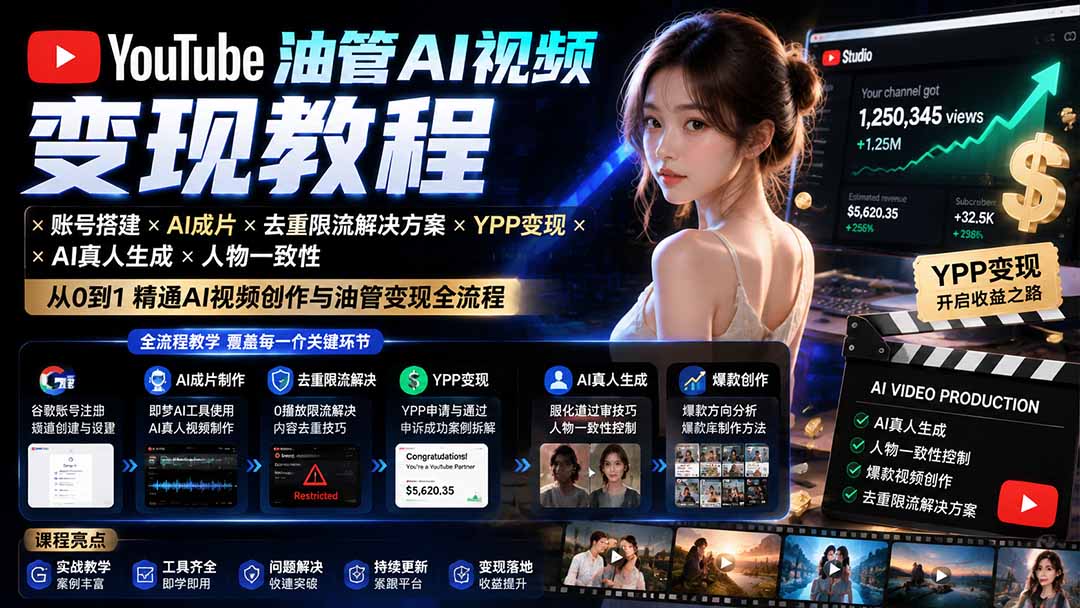 YouTube油管AI视频变现教程：账号搭建×AI成片×去重限流解决方案×YPP变现×AI真人生成×人物一致性-轻创终点站