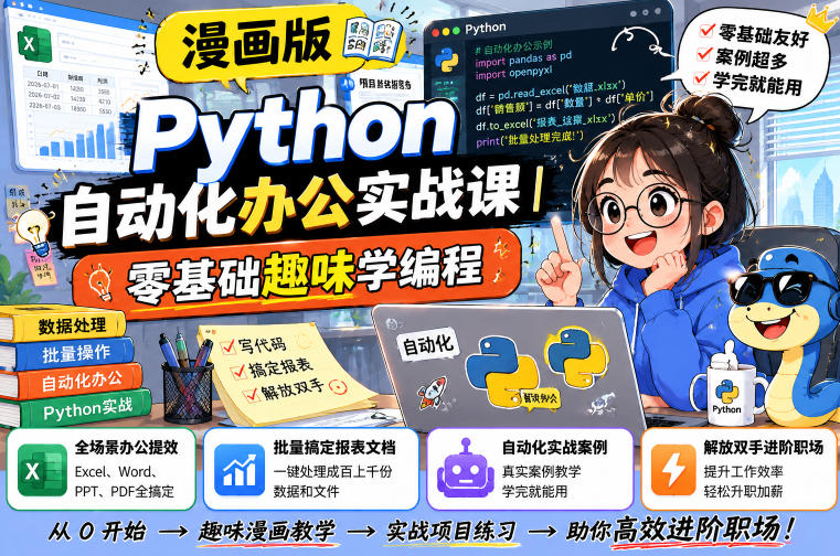 漫画版Python自动化办公实战课|零基础趣味学编程,全场景办公提效、批量搞定报表文档、解放双手进阶职场-轻创终点站