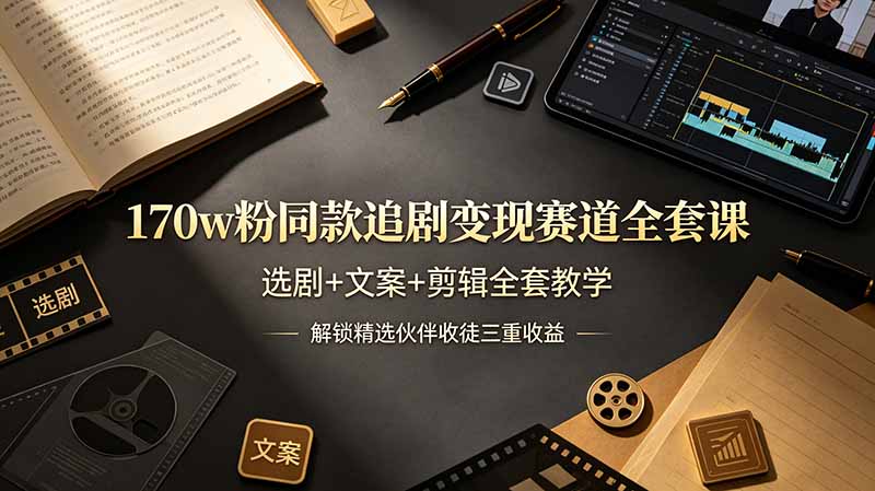 170w粉博主同款追剧变现赛道全套课，选剧+文案+剪辑全套教学，解锁精选伙伴收徒三重收益-轻创终点站