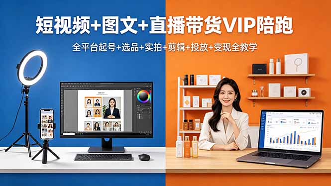 短视频+图文+直播带货VIP陪跑，全平台起号+选品+实拍+剪辑+投放+变现全教学-轻创终点站