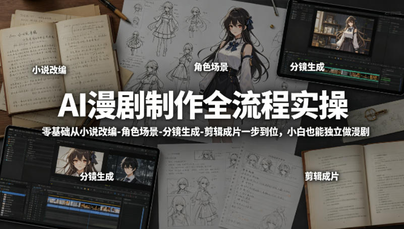 AI漫剧制作全流程实操，零基础从小说改编-角色场景-分镜生成-剪辑成片一步到位，小白也能独立做漫剧-轻创终点站