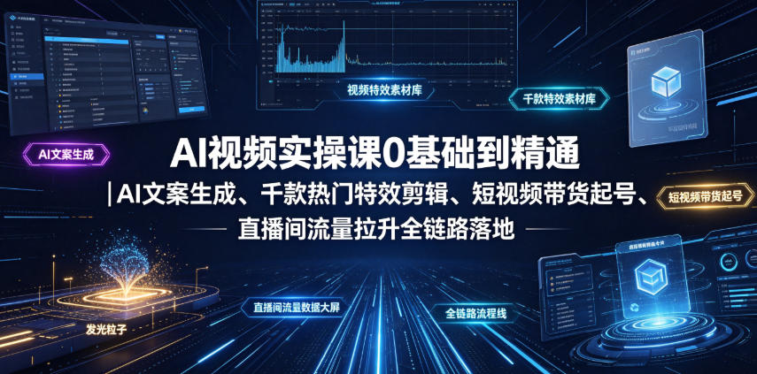 AI视频实操课0基础到精通|AI文案生成、千款热门特效剪辑、短视频带货起号、直播间流量拉升全链路落地