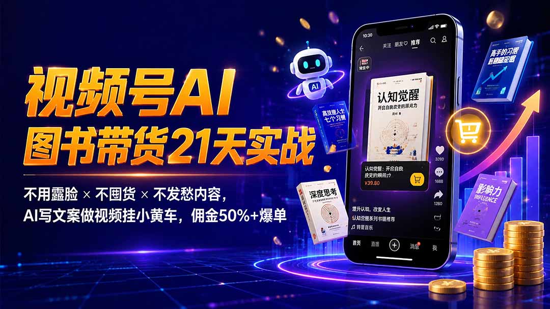 繁花视频号AI图书带货21天实战:不用露脸×不囤货×不发愁内容,AI写文案做视频挂小黄车,佣金50%+爆单-轻创终点站