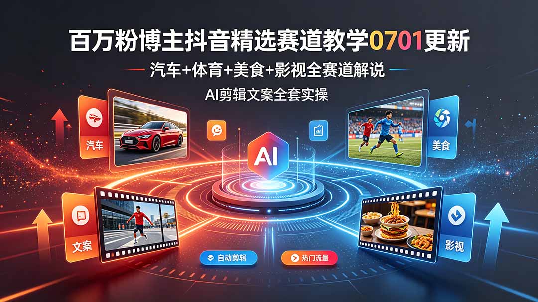 百万粉博主抖音精选赛道教学-0701更新，汽车+体育+美食+影视全赛道解说，AI剪辑文案全套实操-轻创终点站