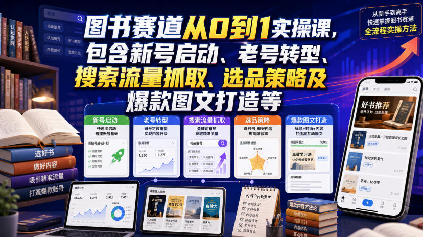 图书赛道从0到1实操课，包含新号启动、老号转型、搜索流量抓取、选品策略及爆款图文打造等-轻创终点站