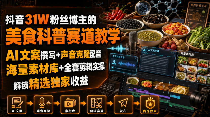 抖音31W粉丝博主的美食科普赛道教学,AI文案撰写+声音克隆配音+剪辑实操,解锁精选独家收益-轻创终点站