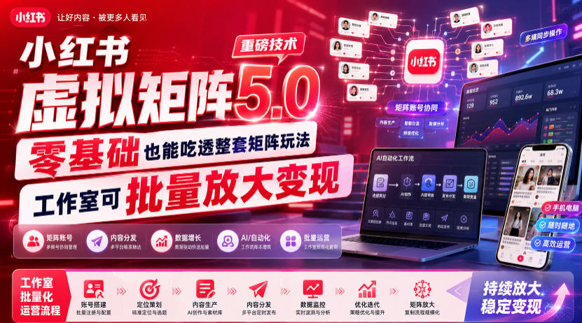 小红书虚拟矩阵5.0重磅技术,零基础也能吃透整套矩阵玩法,工作室可批量放大变现-轻创终点站