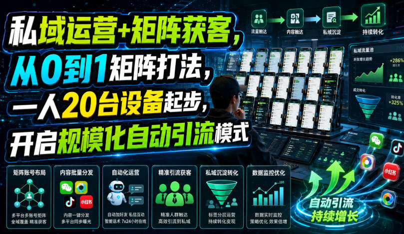 私域运营+矩阵获客，从0到1矩阵打法，一人20台设备起步，开启规模化自动引流模式！-轻创终点站