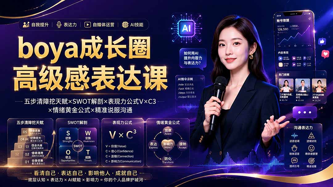 boya成长圈|内心成长高级表达AI自媒体三合一,消解内耗挖掘天赋,镜头沟通AI指令短视频全流程教学-轻创终点站