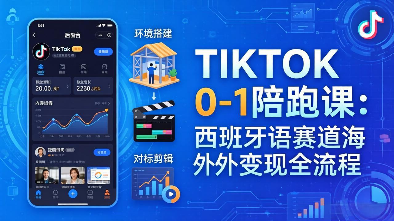 TIKTOK 0-1 陪跑课：从环境搭建到刷对标剪辑，西班牙语赛道海外变现全流程-轻创终点站