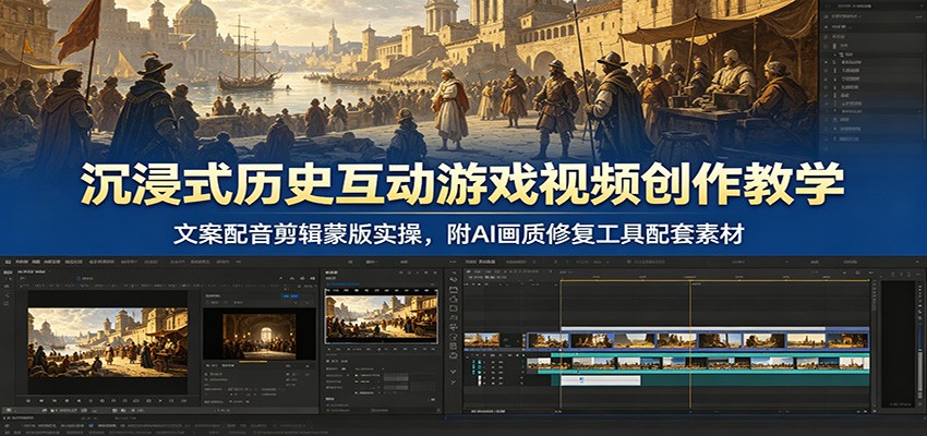 沉浸式历史互动游戏视频创作教学：文案配音剪辑蒙版实操，附AI画质修复工具配套素材-轻创终点站