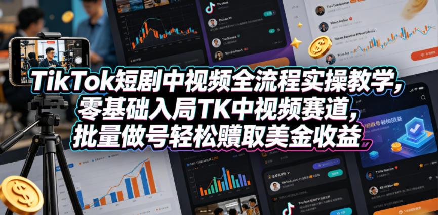 TikTok短剧中视频全流程实操教学，零基础入局TK中视频赛道，批量做号轻松賺取美金收益-轻创终点站