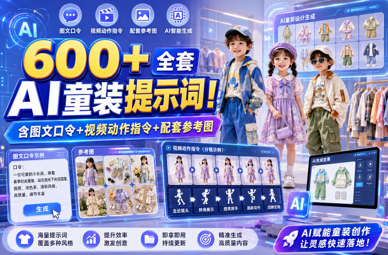 600+全套AI童装提示词!含图文口令+视频动作指令+配套参考图,Word-Excel规整分类,童装电商、种草无脑量产内容!-轻创终点站