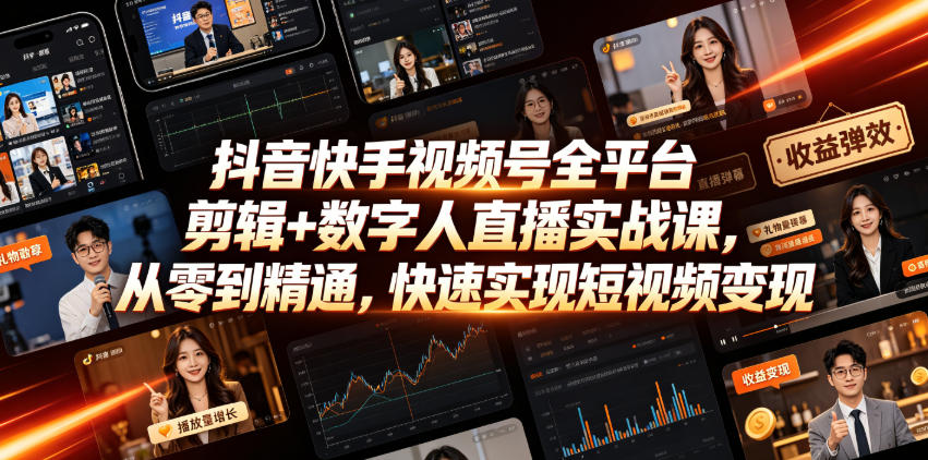 抖音快手视频号全平台剪辑+数字人直播实战课,从零到精通,快速实现短视频变现(更新2026年6月)-轻创终点站