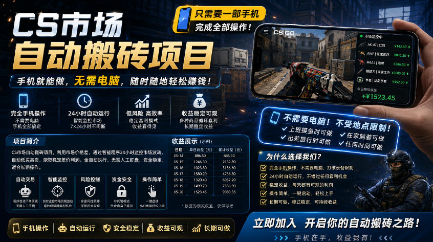 手机即可操作的CS市场自动搬砖系统｜自动监控｜自动下单|日入300+【揭秘】-轻创终点站