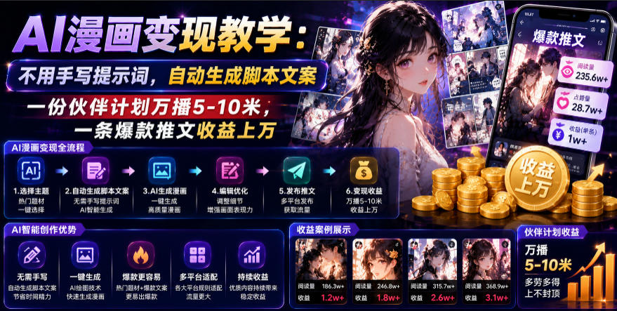 AI漫画变现教学:不用手写提示词,自动生成脚本文案,一份伙伴计划万播5-10米,一条爆款推文收益上W-轻创终点站