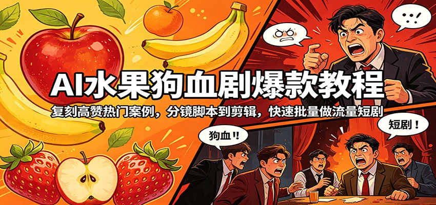 AI水果狗血剧爆款教程：复刻高赞热门案例，分镜脚本到剪辑，快速批量做流量短剧-轻创终点站