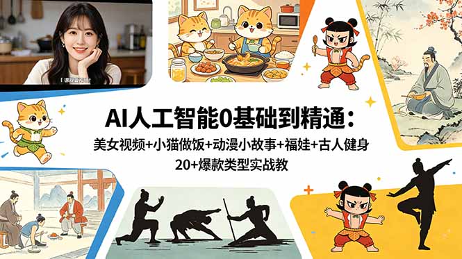 AI人工智能0基础到精通：美女视频+小猫做饭+动漫小故事+福娃+古人健身，20+爆款类型实战教学-轻创终点站