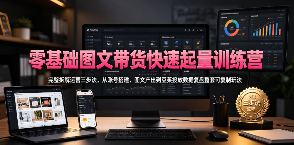 零基础图文带货快速起量训练营，完整拆解运营三步法，从账号搭建、图文产出到豆荚投放数据复盘整套可复制玩法-轻创终点站