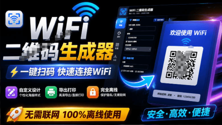 完全离线使用!WiFi二维码生成器,一键扫码快速连接WiFi,支持自定义风格导出WiFi二维码生成器-轻创终点站
