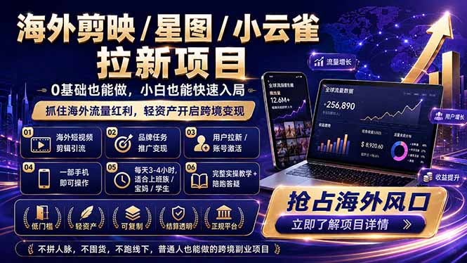 海外剪映 / 星图 / 小云雀拉新项目 普通人也能上手的跨境流量变现副业-轻创终点站