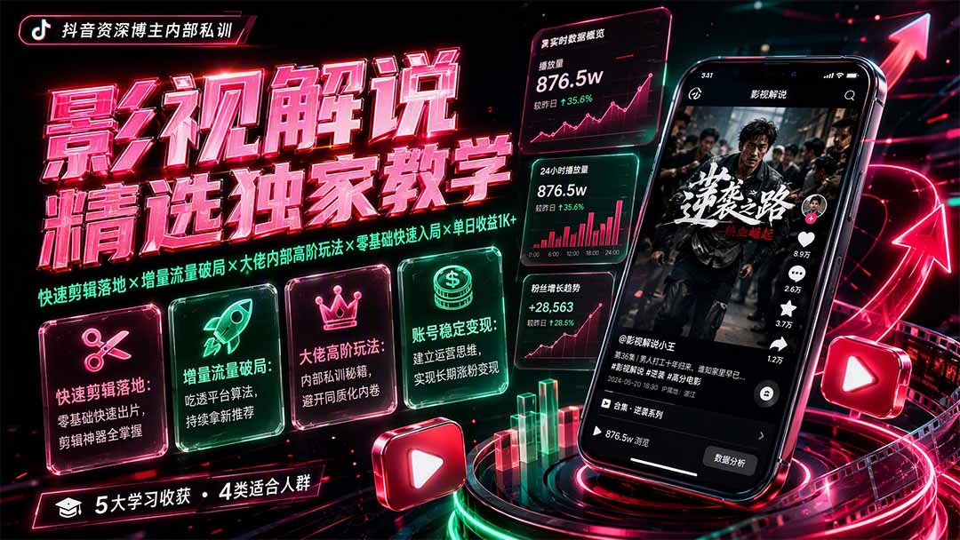 影视解说精选独家教学:快速剪辑落地×增量流量破局×大佬内部高阶玩法×零基础快速入局×单日收益1K+-轻创终点站