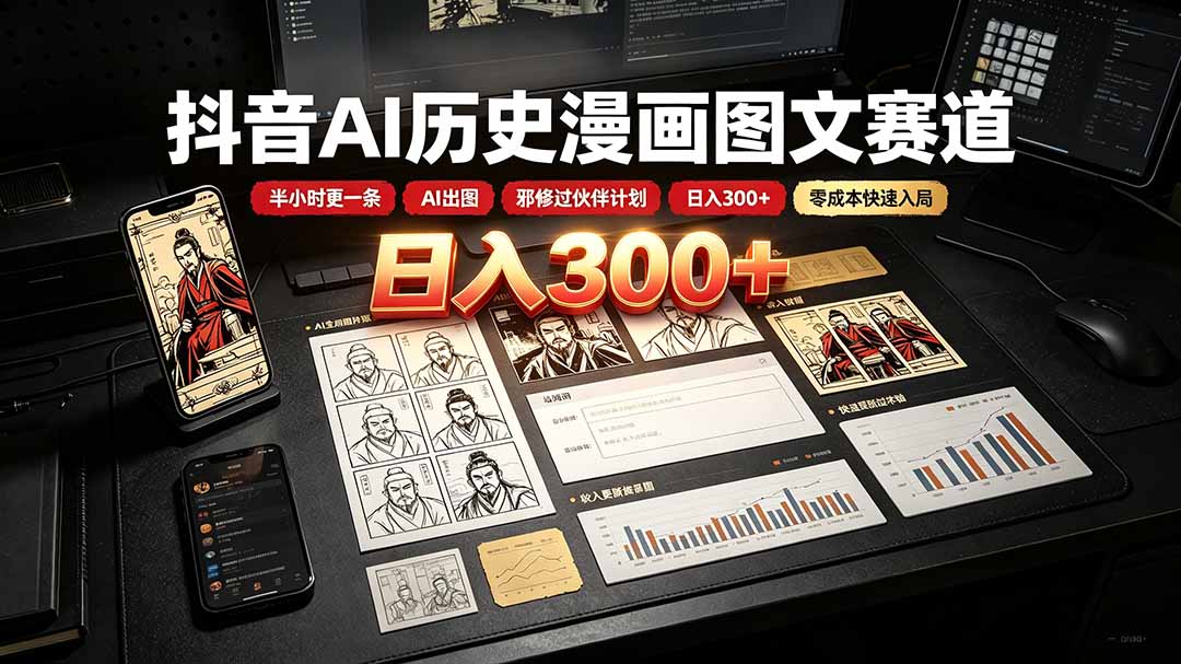 抖音AI历史漫画图文赛道:半小时更一条×AI出图×邪修过伙伴计划×日入300+,零成本快速入局-轻创终点站