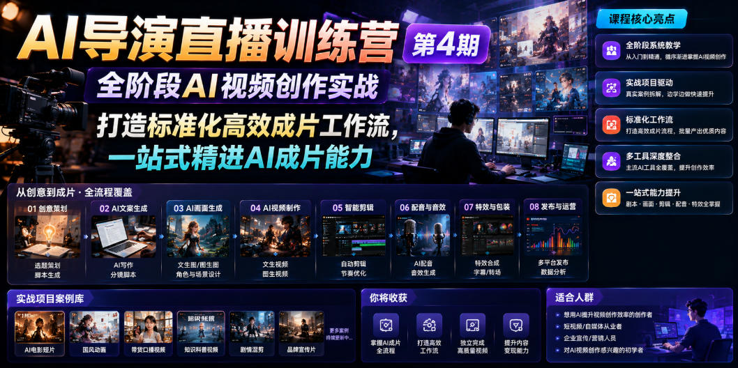 AI导演直播训练营第4期｜全阶段AI视频创作实战，打造标准化高效成片工作流，一站式精进AI成片能力-轻创终点站