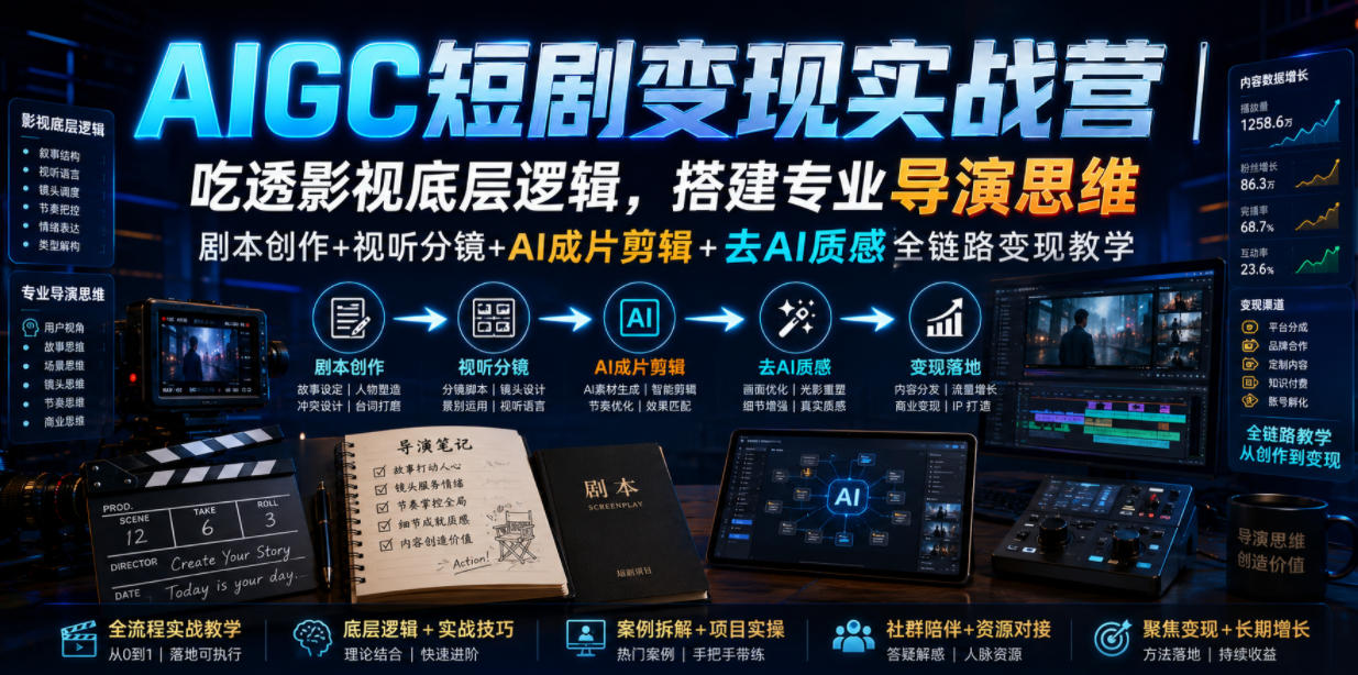 AIGC短剧变现实战营|吃透影视底层逻辑,搭建专业导演思维,剧本创作+视听分镜+AI成片剪辑+去AI质感全链路变现教学-轻创终点站