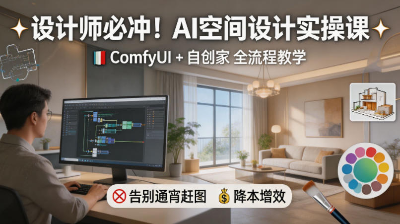 设计师必冲！AI空间设计实操课，ComfyUI+自创家全教学，告别通宵赶图，降本增效-轻创终点站