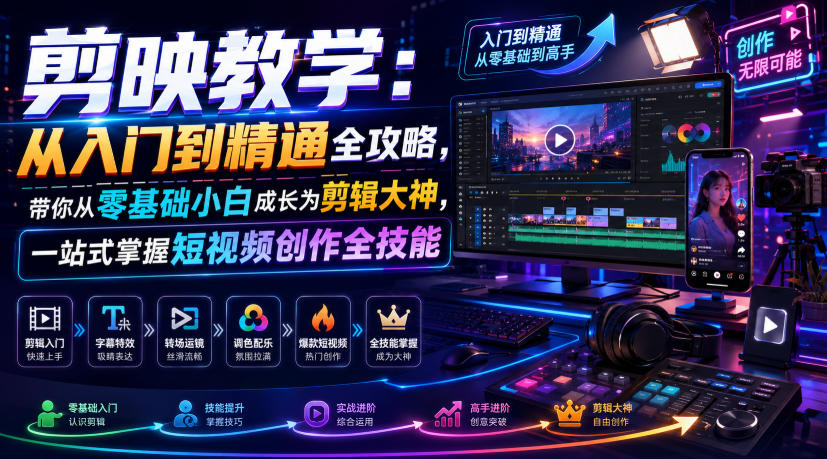 剪映教学：从入门到精通全攻略，带你从零基础小白成长为剪辑大神，一站式掌握短视频创作全技能-轻创终点站