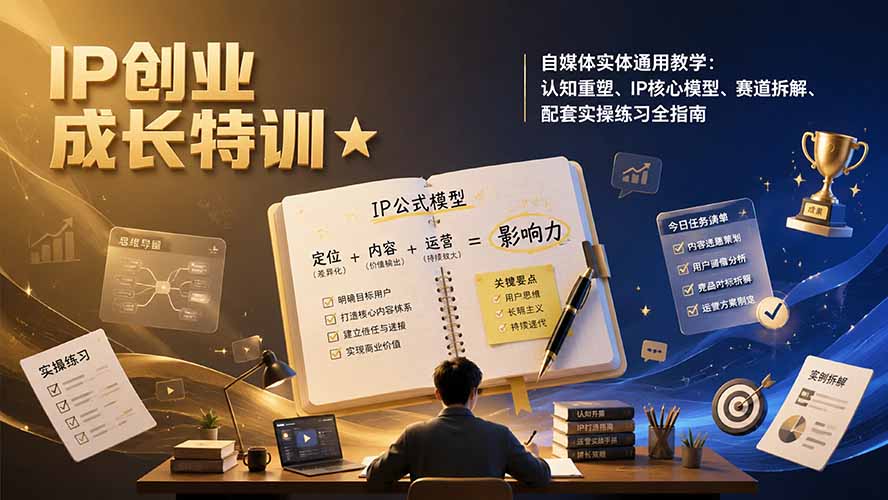 IP创业成长特训★自媒体实体通用教学:认知重塑、IP核心模型、赛道拆解、配套实操练习全指南-轻创终点站