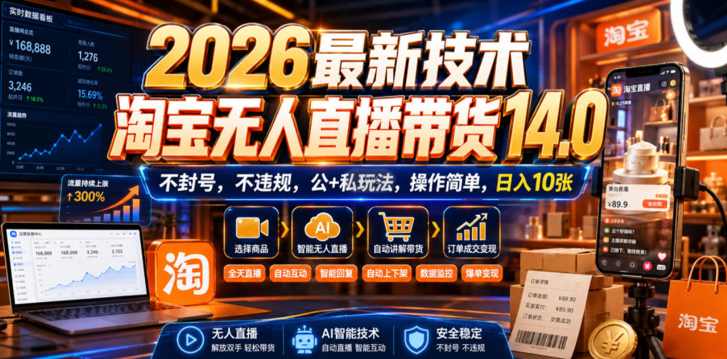 2026最新技术,淘宝无人直播带货14.0,不封号,不违规,公+私玩法,操作简单,日入10张【揭秘】-轻创终点站
