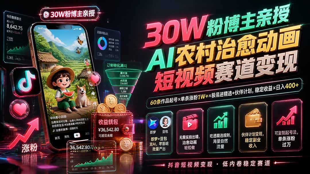 30W粉博主亲授AI农村治愈动画短视频赛道变现:60条作品起号×单条涨粉1W+×极易进精选+伙伴计划,稳定收益×日入400+-轻创终点站